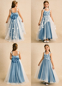Azazie Darlina Robe Demoiselle D'honneur Fillette Robe Princesse en Tulle Dentelle Ivoire Bleu Acier image2