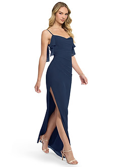 Azazie Jasmine Bridesmaid Dresses Dark Navy Sheath Side Slit Chiffon Dress image3