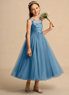 Azazie Snowball Girl Jurken voor bloemenmeisjes Baljurk Jurk van Tule Geplooid Staal Blauw image4