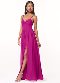Azazie Zeya Vestidos de damas de honor Vestido de Fucsia de Gasa de Corte En A con Cuello en V plisado image4
