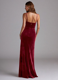 Azazie Maci Bridesmaid Dresses Burgundy Sheath Pleated Velvet Dress image2