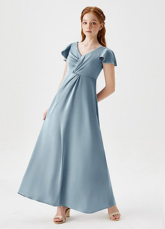 Azazie Soren Junior Dusty Blue A-Line Ruched Stretch Satin Dress image5