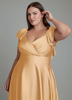 Azazie Leilani Bridesmaid Dresses Gold A-Line Ruched Stretch Satin Dress image12