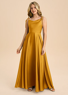 Azazie Popsy Junior Butterscotch A-Line Bow Stretch Satin Dress image3