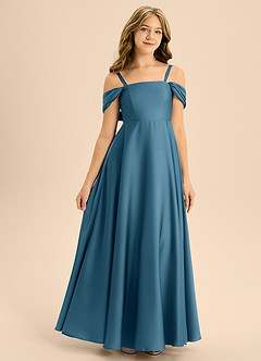 Azazie Rowena Junior A라인 절하다 스트레치 새틴 플로어 길이 주니어 신부 들러리 드레스 image3