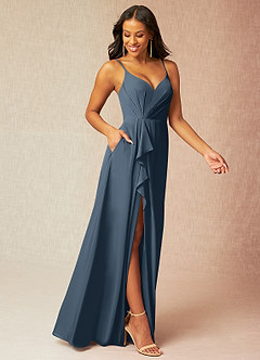 Azazie Kyedae Brautjungfernkleider A-Linie V-Hals Gefaltet Chiffon Kleid Neptunblau image3