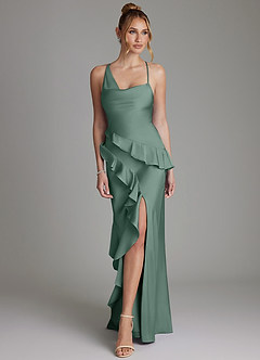 Azazie Jayda Bridesmaid Dresses Eucalyptus A-Line Ruched Stretch Satin Dress image4
