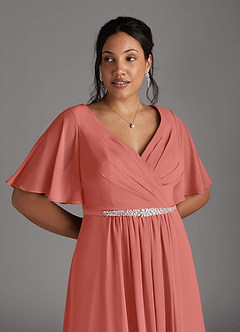 Azazie Tricia Mother of the Bride Dresses Salmon Pink A-Line V-Neck Pleated Chiffon Dress image2