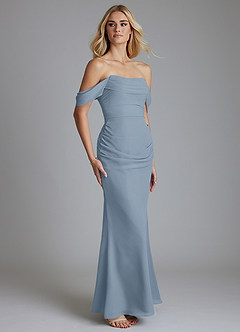 Azazie Luiza Bridesmaid Dresses Dusty Blue Mermaid Off the Shoulder Chiffon Dress image4
