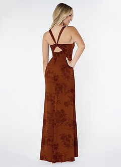 Azazie Mero Vestidos de damas de honor Vestido de Floral Naranja Quemado de Satén Elástico de Corte Recto con Plisado image3