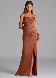 Azazie Calandra Bridesmaid Dresses Auburn A-Line Pleated Stretch Satin Dress image1