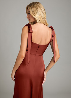 Azazie Frostine Bridesmaid Dresses Terracotta A-Line Bow Stretch Satin Dress image6