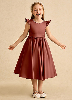 Azazie Dumpling vestidos de niña de las flores Vestido de Castaño de Satin Mate de Corte en A con Lazo image2
