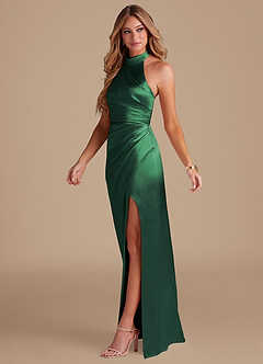 Azazie Jemma Bridesmaid Dresses Dark Green Sheath Pleated Metallic Satin Dress image4