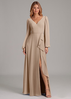 Azazie Simone Vestidos de damas de honor Vestido de Gris Pardo de Gasa de Corte en A con Manga larga image1