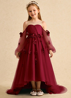 Azazie Karrie vestidos de niña de las flores Vestido de Borgoña de Tul de Corte En A con Con mangas image1