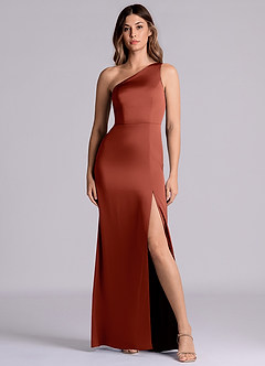 Azazie Philana Bridesmaid Dresses Terracotta A-Line One Shoulder Stretch Satin Dress image4
