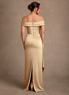 Azazie Beah Mother of the Bride Dresses Champagne Sheath Off the Shoulder Stretch Satin Dress image3