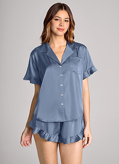 front Matching Color Ruffled Short Sleeve Pajama Set