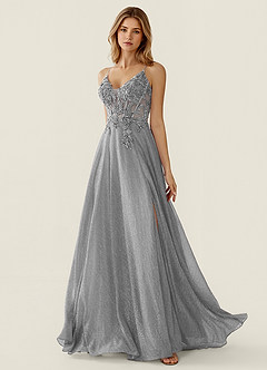 Zahara Silver V-neck Lace Corset A-line Prom Dress image5