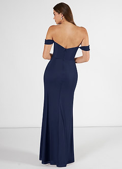 Azazie Kit Bridesmaid Dresses Dark Navy Mermaid Off the Shoulder Mesh Dress image2