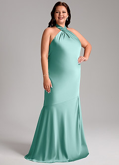 Azazie Lorena Bridesmaid Dresses Aqua Mermaid Pleated Stretch Satin Dress image10
