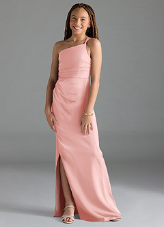 Azazie Eren Junior Powder Pink Sheath Pleated Stretch Satin Dress image4