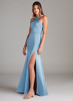 Azazie Rue Vestidos de damas de honor Vestido de Azul Pálido de Satén Elástico de Corte Sirena con Plisado image5