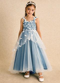 Azazie Darlina Robe Demoiselle D'honneur Fillette Robe Princesse en Tulle Dentelle Ivoire Bleu Acier image5