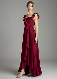 Azazie Lyra Bridesmaid Dresses Burgundy A-Line Off the Shoulder Stretch Satin Convertible Dress image4