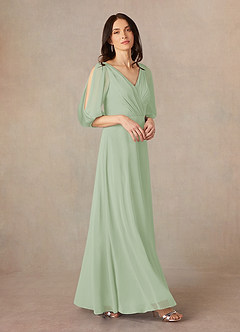 Azazie Bronwyn vestidos de madre de la novia Vestido de Salvia Polvorienta de Gasa de Corte En A con Cuello de pico fruncido image1