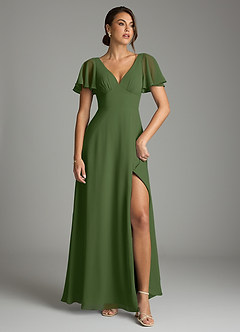 Azazie Kimber Bridesmaid Dresses Olive A-Line Flounce Sleeve Chiffon Dress image2