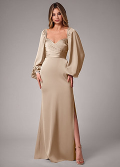 Azazie Sonata Bridesmaid Dresses Taupe Sheath Long Sleeve Stretch Satin Convertible Dress image3