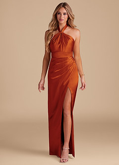 Azazie Zaya Bridesmaid Dresses Paprika Sheath Pleated Metallic Satin Dress image3