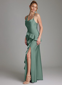 Azazie Jayda Bridesmaid Dresses Eucalyptus A-Line Ruched Stretch Satin Dress image5