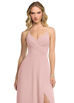 Azazie Davis Vestidos de damas de honor Vestido Rosa Empolvado de Gasa de Línea A con Cuello en V image4