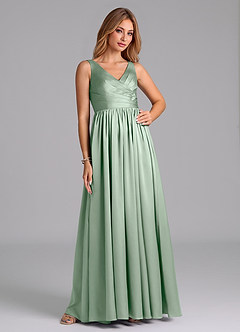 Azazie Keyla Bridesmaid Dresses Agave A-Line Pleated Stretch Satin Dress image5