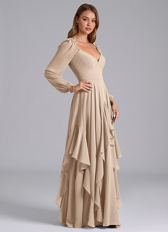 Azazie Karan Bridesmaid Dresses Taupe A-Line Long Sleeve Chiffon Dress image5