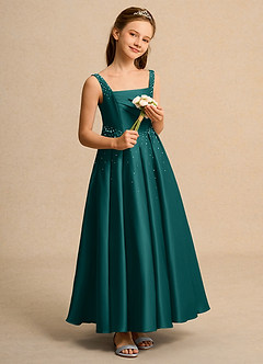 Azazie Mochi Girls Formal Robe Demoiselle D'honneur Fillette Robe Princesse en Mat Satiné Plissée Paon image4