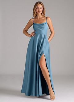 Azazie Elle Bridesmaid Dresses Steel Blue A-Line Pleated Stretch Satin Dress image3