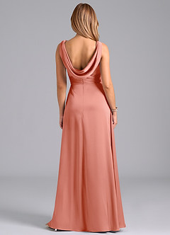 Azazie Karina Bridesmaid Dresses Coral A-Line Pleated Stretch Satin Dress image6
