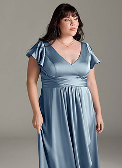 Azazie Omari Vestidos de damas de honor Vestido de Azul Polvoriento de Satén Elástico de Corte en A image13