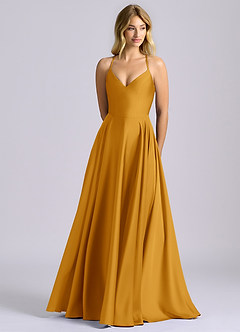 Azazie Truce Bridesmaid Dresses Butterscotch A-Line Stretch Satin Dress image1