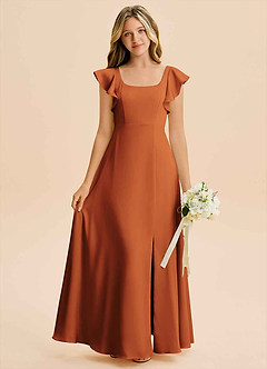 Azazie Bondi Junior Vestido Canela de Cetim elástico de Linha A com Fenda Lateral image1