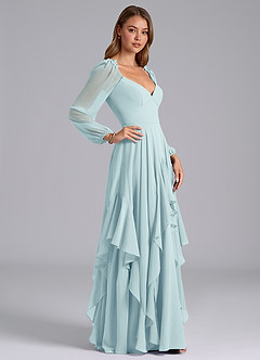 Azazie Karan Bridesmaid Dresses Sea Glass A-Line Long Sleeve Chiffon Dress image5