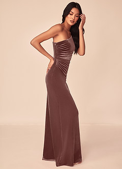 Azazie Argan Bridesmaid Dresses Espresso Mermaid One Shoulder Pleated Velvet Dress image3