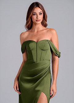 Azazie Asha Jurken voor bruidsmeisjes Converteerbaar Jurk van Stretch Satijn met Kolom Off the Shoulder Olijf image5