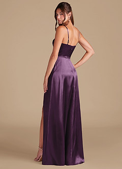 Azazie Halsey Bridesmaid Dresses Plum A-Line Side Slit Metallic Satin Dress image6