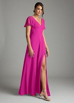 Azazie Kimber Bridesmaid Dresses Fuchsia A-Line Flounce Sleeve Chiffon Dress image6