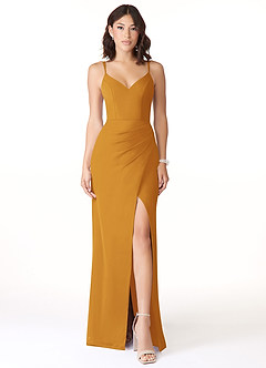 Azazie Leo Brautjungfernkleider Meerjungfrau-Linie V-Hals Gefaltet Chiffon Kleid Butterscotch image1